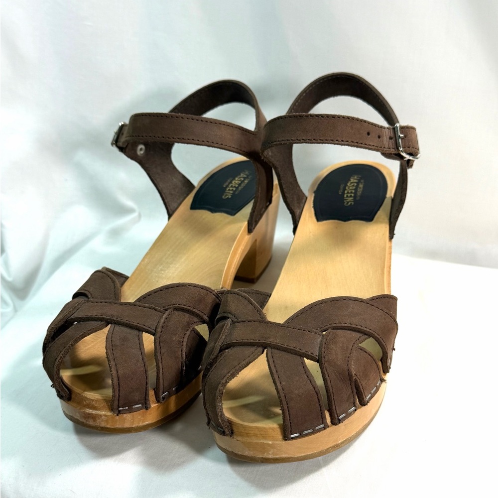 Swedish Hasbeens Sandals Pearl High Nubuck Brown Clogs 8/39